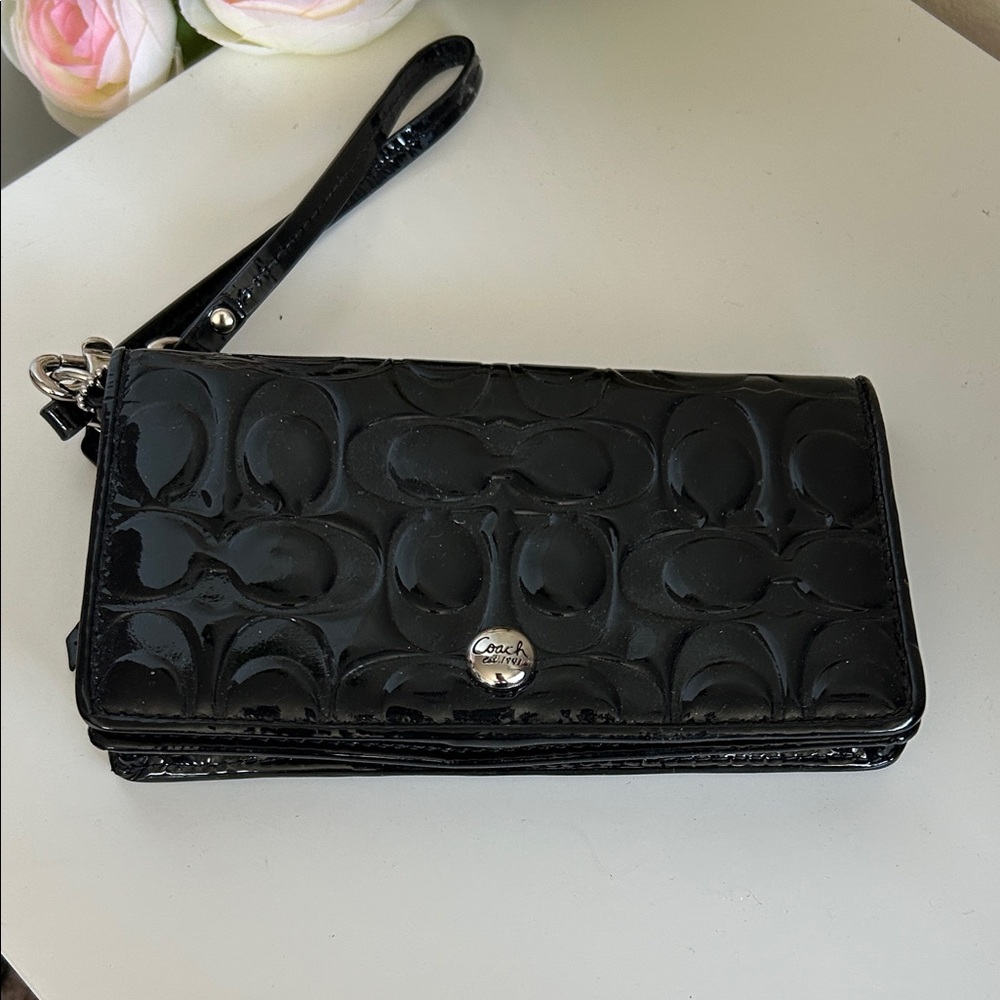 Coach Glossy Black Embossed Wristlet